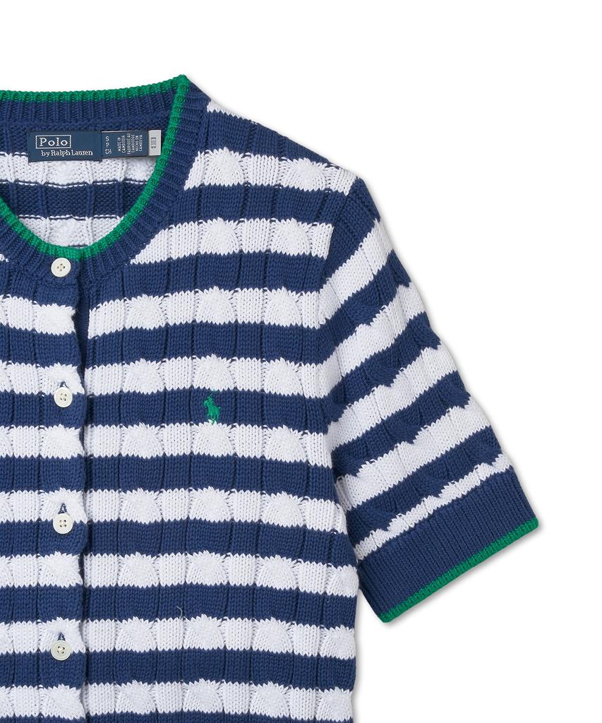 POLO RALPH LAUREN W Striped Cable Knit Short Sleeve Cotton Sweater - Blue Yacht/White