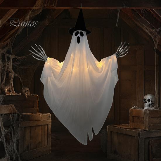 Halloween Hanging Decorations Ghost with Witch Hat, Light Up Spooky Party Backdrop Outdoor Decor for Porch Tree, Haunted House Scene Ornament Festive