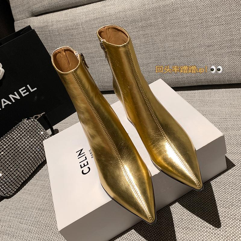 New Spring Fashionable Silver Patent Leather Women Ankle Boots Pointed Toe Square High Heels Shoes Luxury Boots Zapatos De Mujer