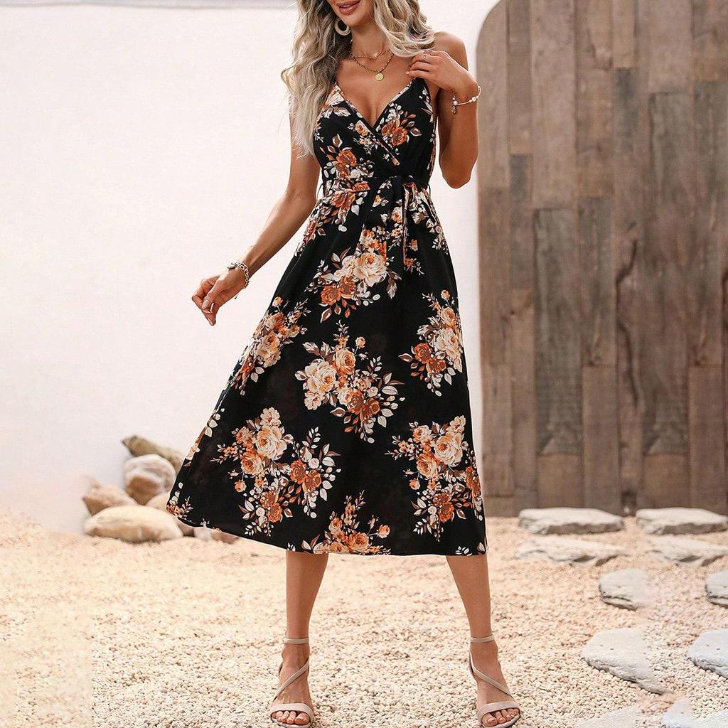 Women's Summer Ethnic Printed Short Sleeveless High Waist A Line Lace Up Dress