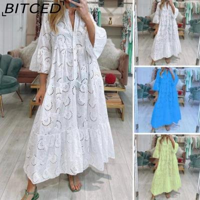 8 Cores S-5XL Moda Feminina Verão Primavera Cor Sólida Estampado Manga 3/4 Decote V Vestidos Casuais