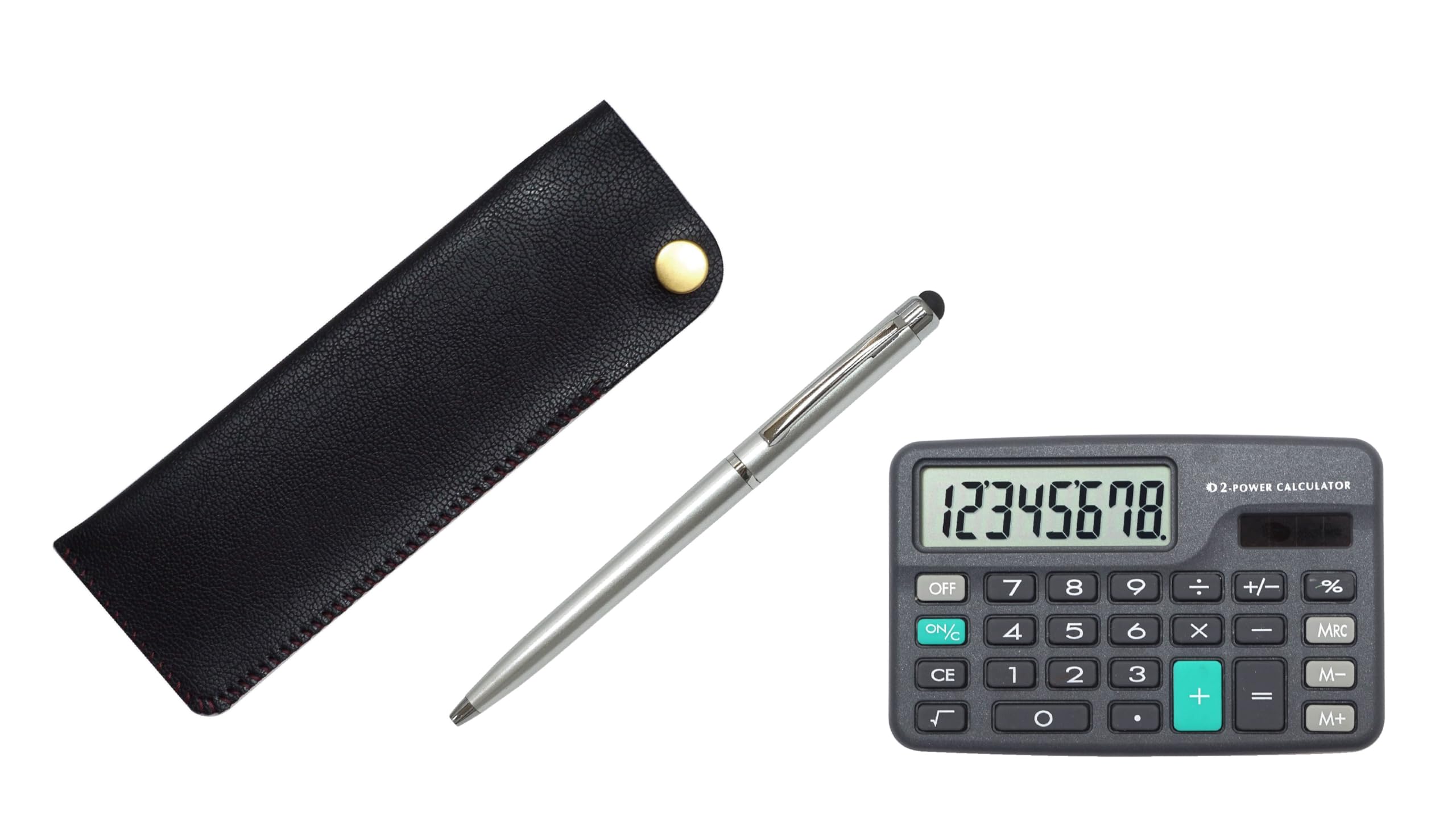

Black horizontal snap pen case with mini smartphone touch and slim rotating ballpoint pen set calculator, screen, (T23-D-NK01B-TP02)