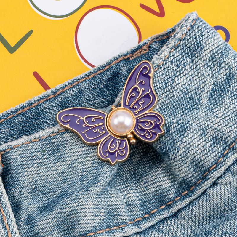 2Pcs Pearl Butterfly Adjustable Pant Waist Tightener Jeans Alloy Button No Sewing Required Easy To Install Accessory Pins