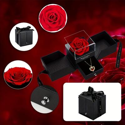 Preserved Rose Eternal Flower Glass Dome With Heart Necklace Romantic Gift For Valentines Birthday Women Girlfriend Gift Set