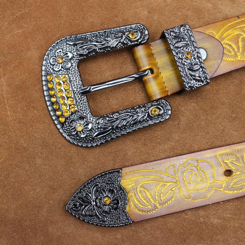 Men's Retro Genuine Leather Embossed Belt with Copper Pin Buckle for Business Casual or Jeans