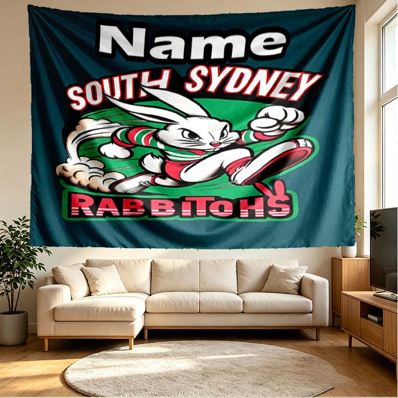 Custom Name Personalized South Sydney Rabbitohs Print Tapestry, Wall Art Decor, Bedroom, Dorm, Apartment, LivingRoom, Party Backdrop, Gift for Birthda