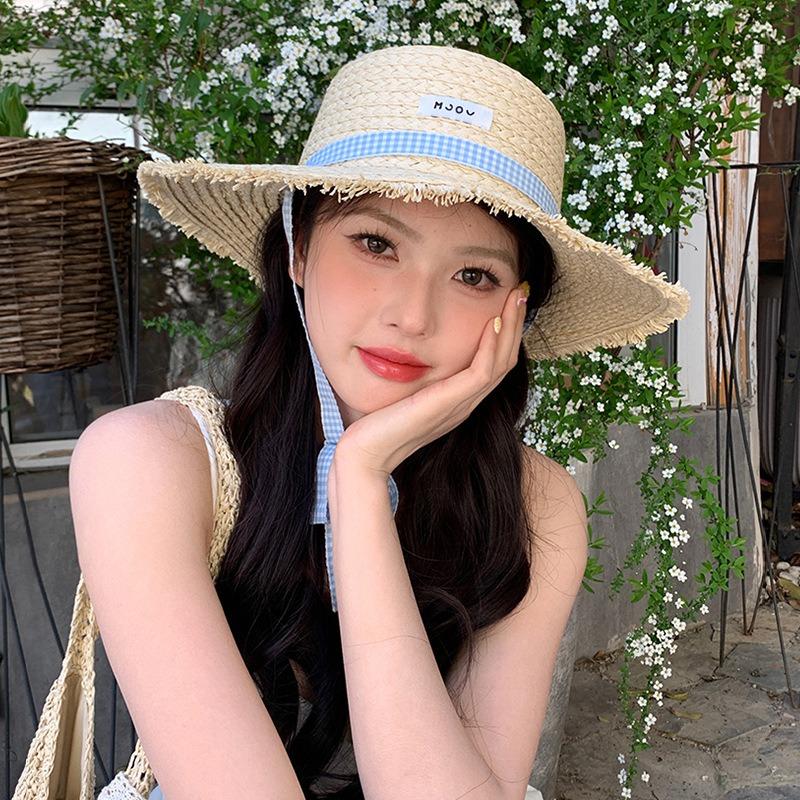 Lace strap large brim straw hat women's summer travel sun protection sun hat seaside beach hat vacation hat