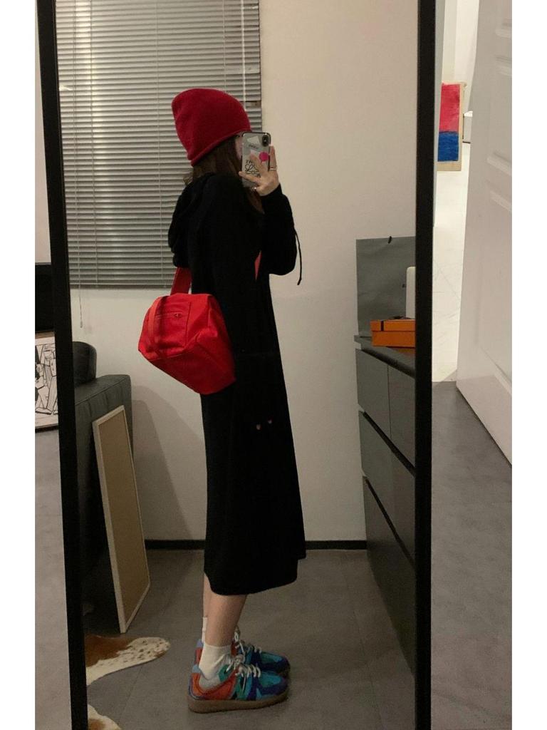 Korean-Style Thick Knit Hooded Sweater Dress for Women - Soft, Loose, Perfect for Autumn and Winter
