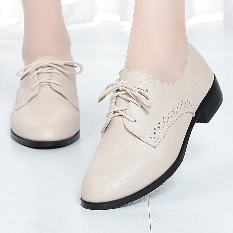 Women Autumn Shoes Genuine Leather Mid Heel British Style Women Loafers Large Size Lace-up Women Shoes