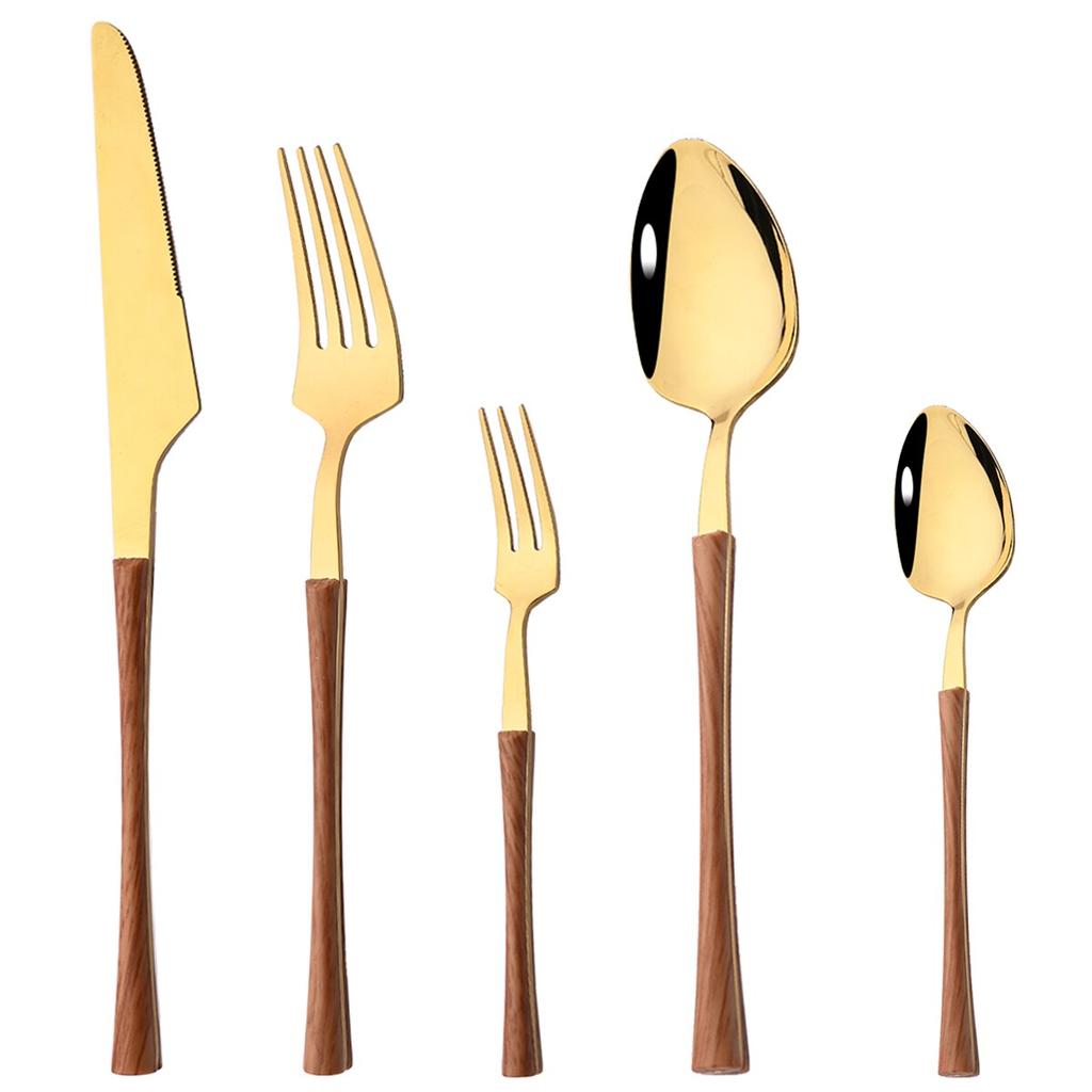 5 stücke Kreative Holzgriff Westlichen Besteck Set Edelstahl Gold Besteck Messer Kuchen Gabel Teelöffel Besteck Geschirr Set