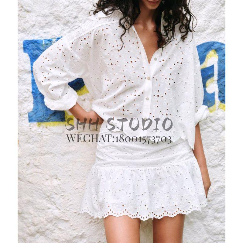 Spring New Long Sleeve Lapel Hollow Embroidery Shirts 3666088 High Waist Pleated Midi Dress 3564088
