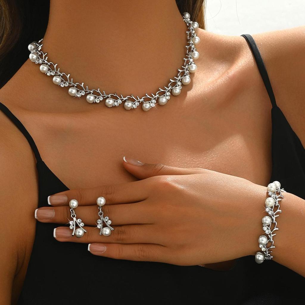 Middle East Bridal Jewelry Set: Pearl Earrings, Necklace & Bracelet