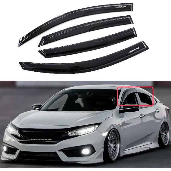 Rain Guards Side Window Visor Vent Outside Mount, 4PCS Fits For Honda Civic 4 Door Sedan 2016 2017 2018 Model Only