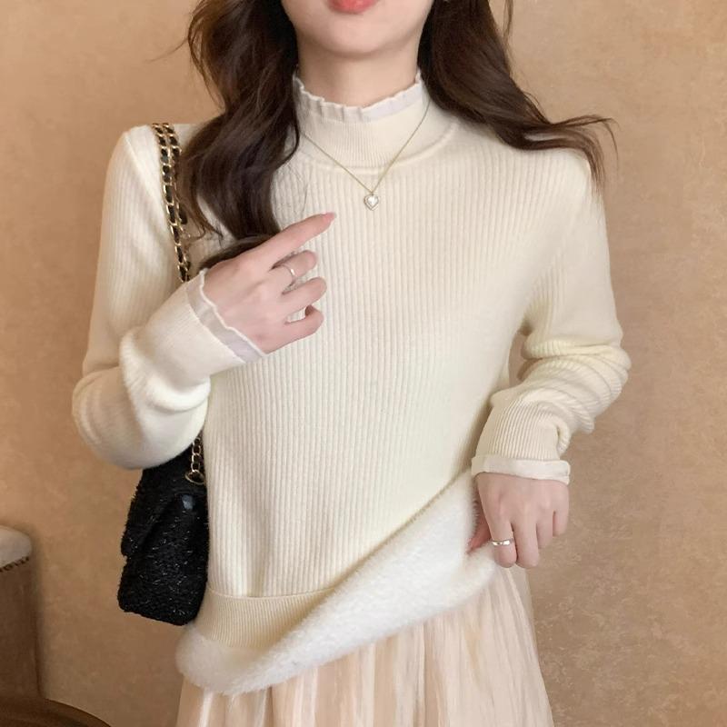 

Белая кружевная рубашка с полуводолазкой для женщин, зима 2024, новый цельный бархатный теплый свитер с трикотажным верхом внутри One Size