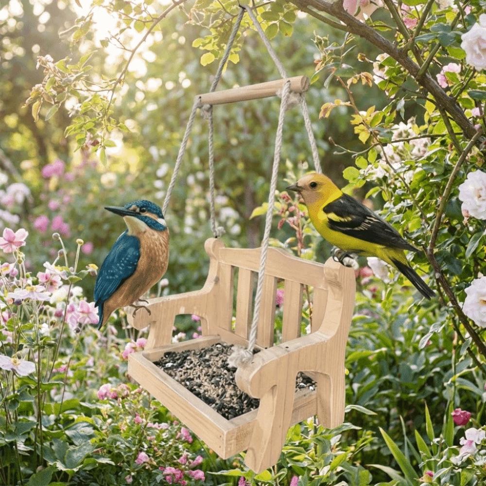Durable Wooden Hanging Bird Feeder Chair Design Rest Stand Bird Food Container Large Capacity Decorative Wildlife Habitat Yard