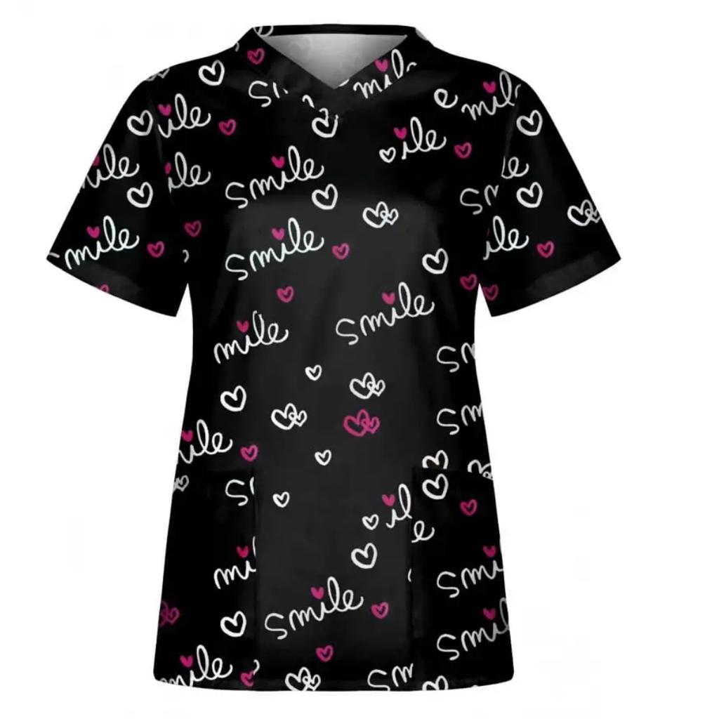 Women's Nursing Uniform with Romantic Heart Pattern Print Women's Short Sleeved Uniform Fashionable Casual and Comfortable