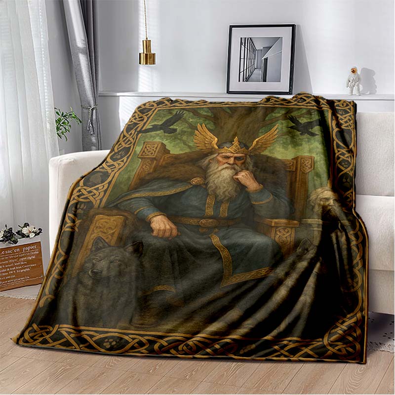 Odin Norse God Fleece Blanket, Viking Odin on Yggdrasil Throne with Wolves and Ravens Print Throw Blanket, Soft Blanket for Sofa Bedroom Decor