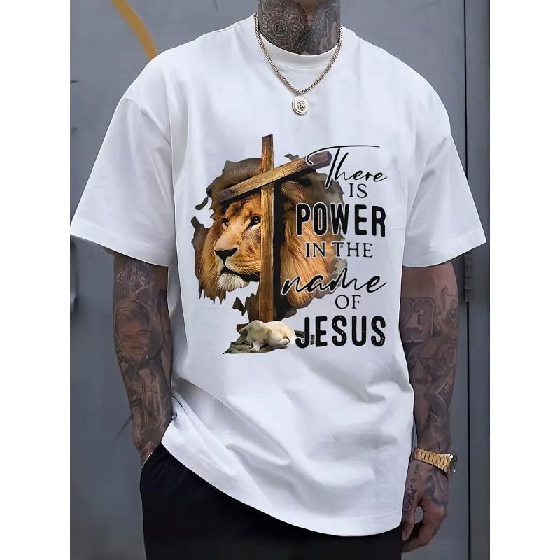 

European sizes Men S Graphic T-Shirt - Bold Religious Tee - Loose Fit Crew Neck Streetwear Shirt - with Black Lion of Judah Cross Design 4XL білий
