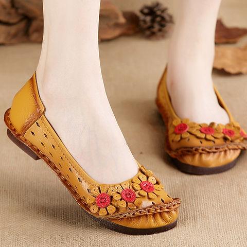 Vintage Flower Moccasins Woman Genuine Leather Ballet Flats Ladies Hollow Slip Women's Luxury Loafer Purple Walking Shoes 42