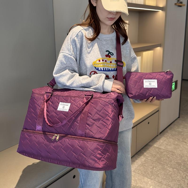 2pcs Set Large Capacity Travel Duffel Bag with Shoe Compartment and Cosmetic Pouch, Casual Nylon Gym Bag, Weekend Overnight Handbag