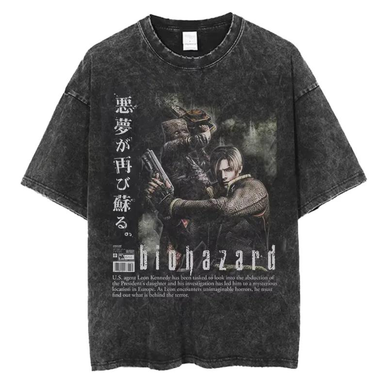 Cotton retro washed T shirt unisex s Resident Evil Leon Kennedy plus size644