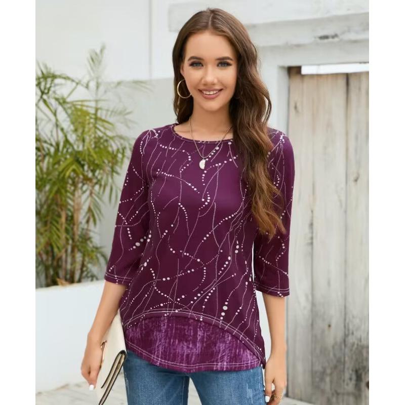 

2024 весна и осень Новая мода с круглым вырезом и рукавом три четверти с цифровым принтом для женщин XXL красный