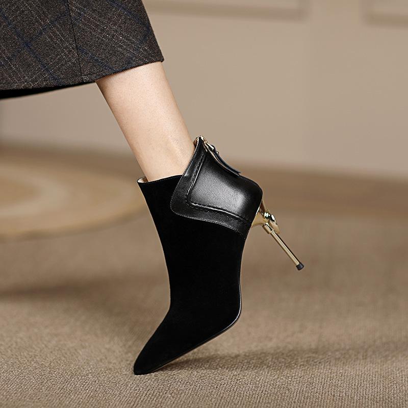 Pointed Short Boots Women's Thin Heel Autumn and Winter Temperament High Heel Short Women's Boots Frosted Leather Splicing Bare Boots