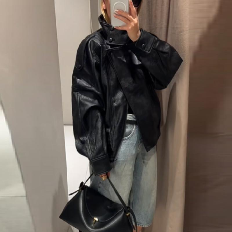 Chaqueta de Cuero PU Retro para Mujer Cuello Alto Fresco Manga Larga Bolsillos con Cremallera Abrigo Chic Otoño 2025 Ropa de Calle para Mujer