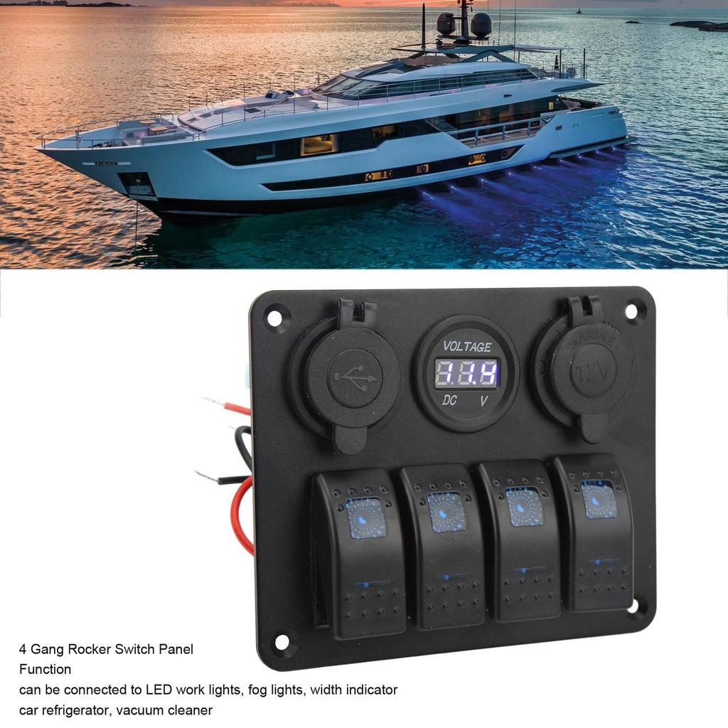 4 Gang Marine Boat Rocker Switch Panel, - 24V Waterproof RV USB Cigarette