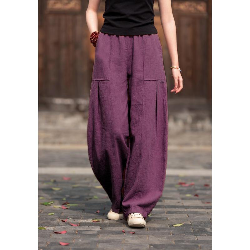 Women's Linen Blend Harem Pants Elastic Waist Loose Fit Casual Trousers