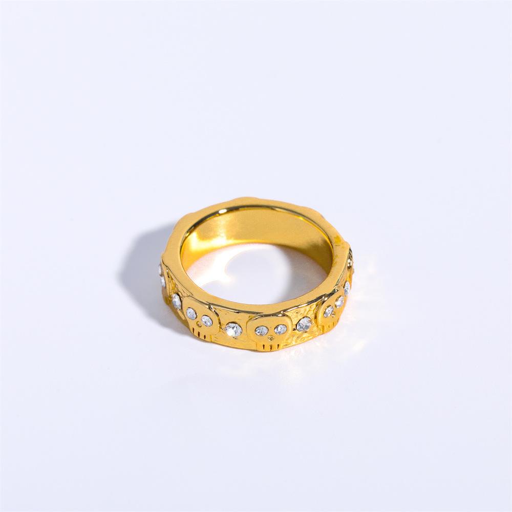 White Diamond Inlaid Skull Ring Gold Light Luxury Niche Trend Daily Fashion Jewelry Accessories