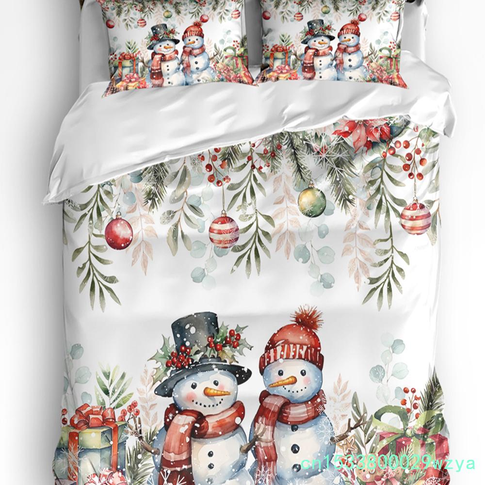 Weihnachten Schneeszene Schneeflocken Wichtel 3-teiliges Bettwäscheset für Doppelbett Heimtextilien Bettbezug Steppdeckenbezug Kissenbezug