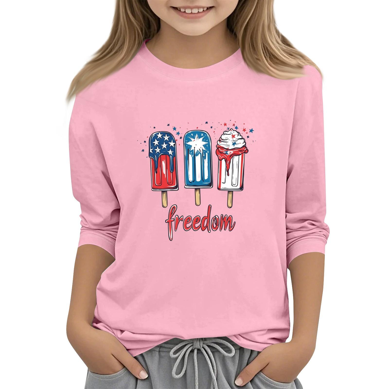 

Children s Round-Neck Independence Day Three-Quarter Sleeve Casual T-shirt Top 140 розовый