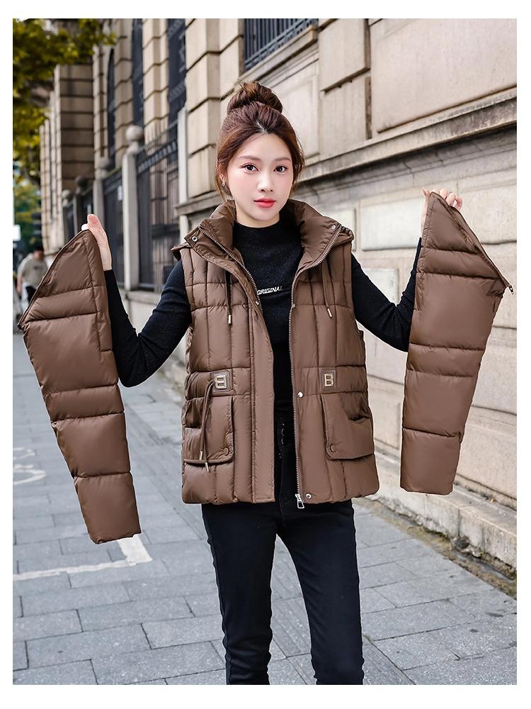 Women's Short Hooded Detachable Sleeves Cotton-padded Jacket
