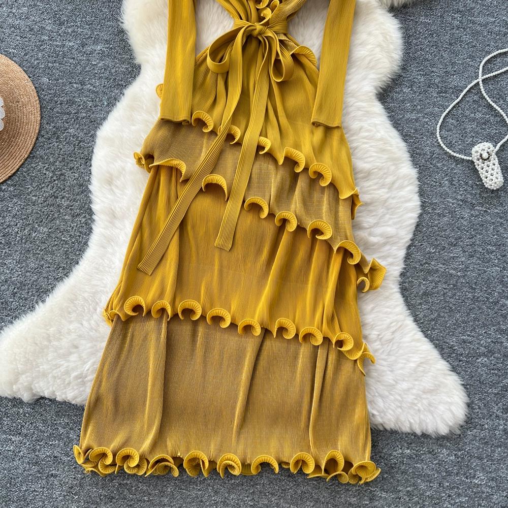 Autumn Winter Women Elegant 3D Flower Ruffles Miyake Fold Christmas Party Oversized Loose Lace-up Dresses