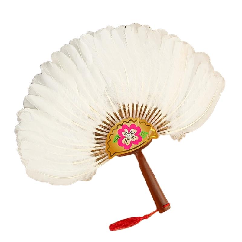 Vintage Chinese Fan Gooses Feather Wedding Party Fan Dance Feather Hand Fan Photograph Props Wood Craft Decorations Fan