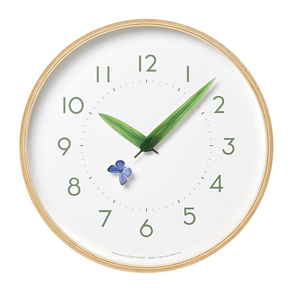 Lemnos Analog Wall Clock, Wooden Frame, Natural Color Wood Base, Perch Clock, Blue Shijimi (SUR18-16) by RURI Lemnos