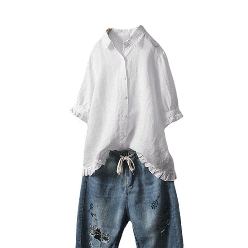 European & American Women's Cotton-Linen Ruffled Short-Sleeve Shirt