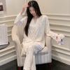Women's Sweet V-Neck Cartoon Pajama Set, Long Sleeve Ice Silk, Spring Loungewear Cardigan
