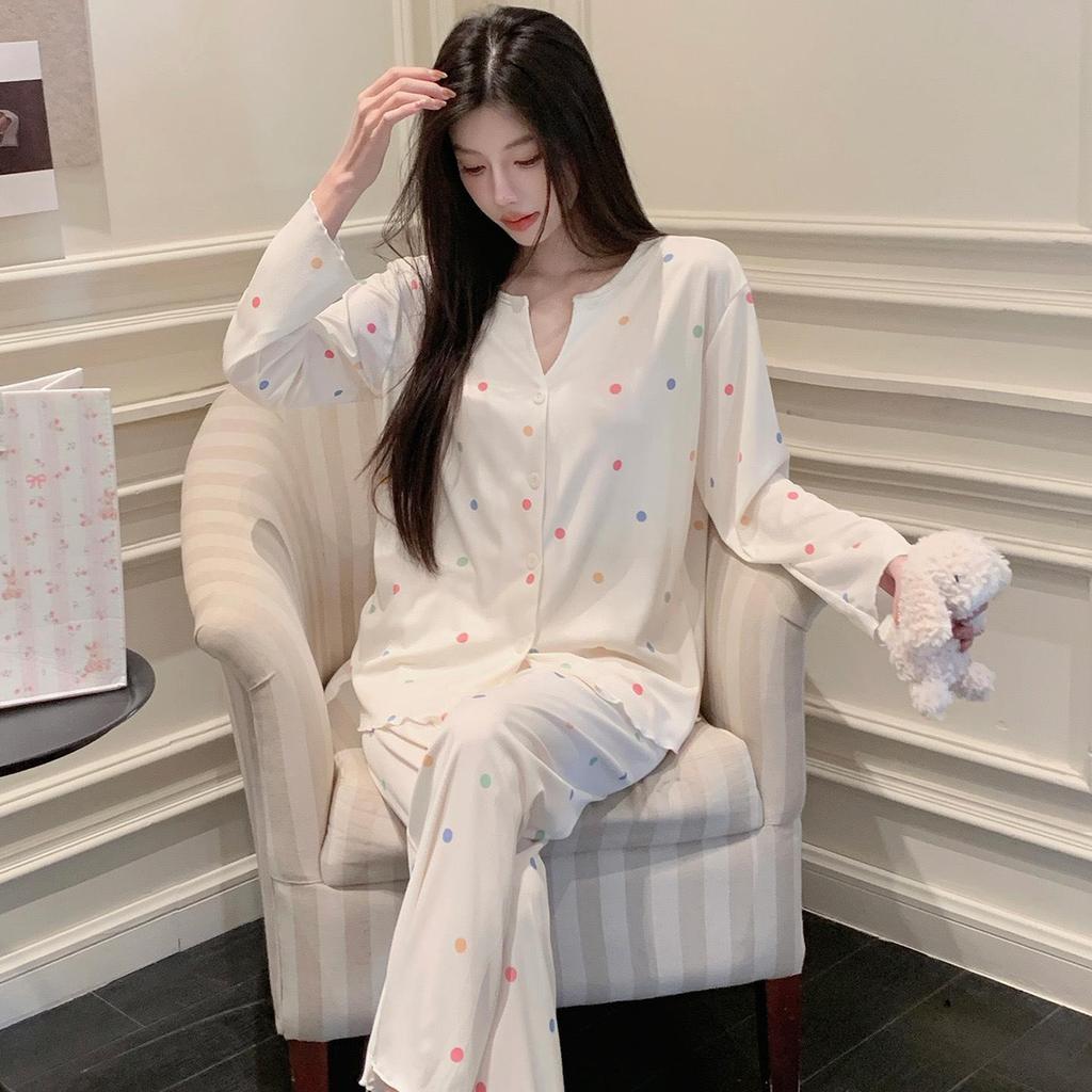 Women's Sweet V-Neck Cartoon Pajama Set, Long Sleeve Ice Silk, Spring Loungewear Cardigan