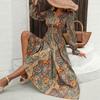 European and American Retro Printing Dress V-neck Waist Ruffle Edge Long Sleeve Big Swing Elegant Long Dress Women's Clothing
