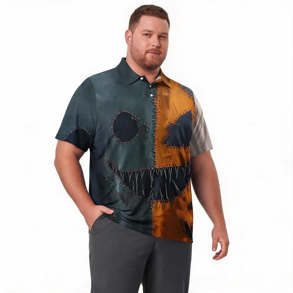 Men's Plus Size Halloween Print Golf Polo Shirt Breathable Short Sleeve Casual Workwear Top with Button Collar