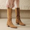 Krazing Pot Cow Suede Winter Round Toe Thick Med Heels Modern Boots Women Zipper Pleated Decoration Thigh High Boots