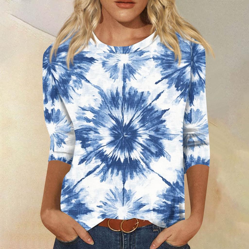 Women's Fashion Casual Seven Sleeve Printed Round Neck T-Shirt Top