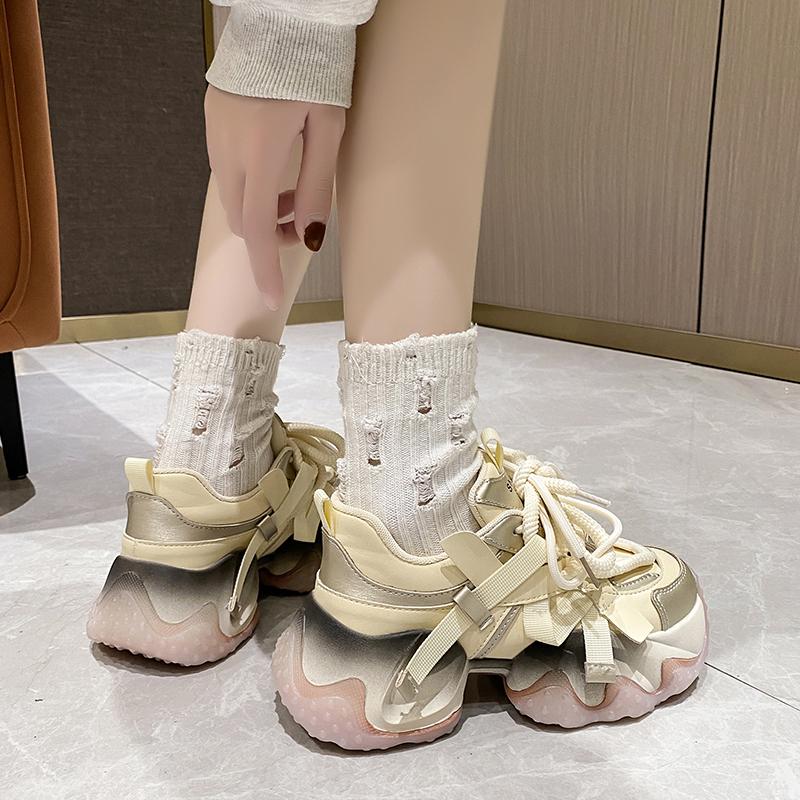 Fashion 6CM Leather High Platform Wedges Leisure Sneakers New 2024 Autumn Women Casual Sports Dad Shoes Lace-up Chunky Sneakers
