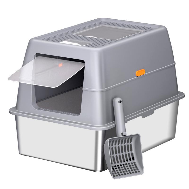 Stainless Steel Cat Litter Box with Anti-Splash Top-Entry Lid, Sizes S-XXXL.