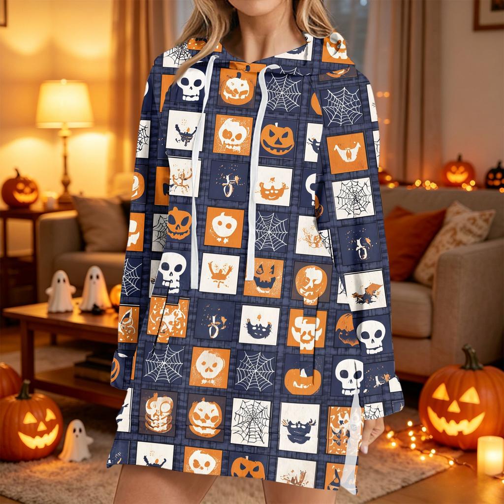 Women's Casual Long Sleeve Halloween Print Hoodie Pullover Top for Fall Festive Wear