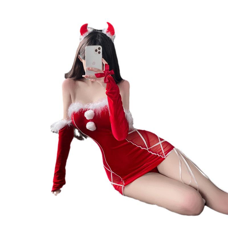 Shuo Yao Strapless Plush Christmas Costume with Cutout Mini Skirt