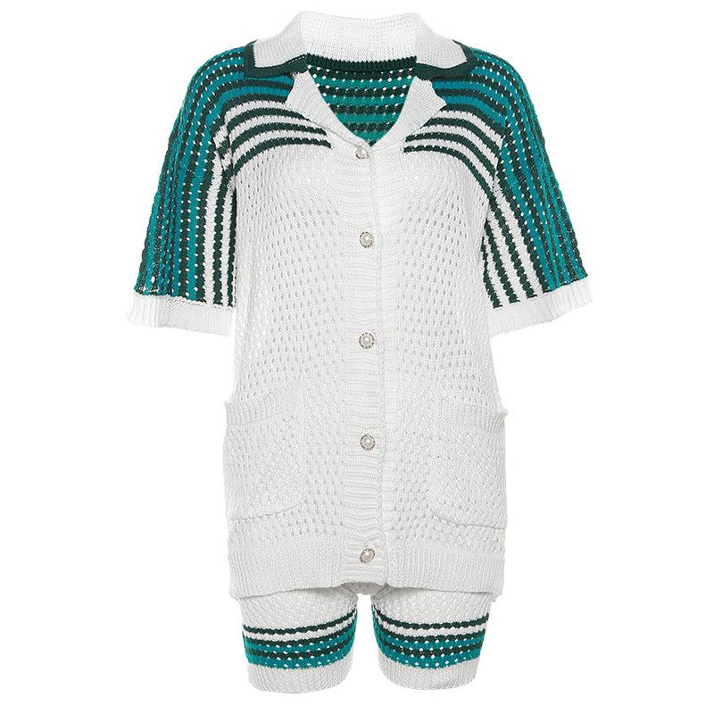 Sommer Damenmode Hohl Revers Top Hohe Taille Shorts Strick Casual Anzug