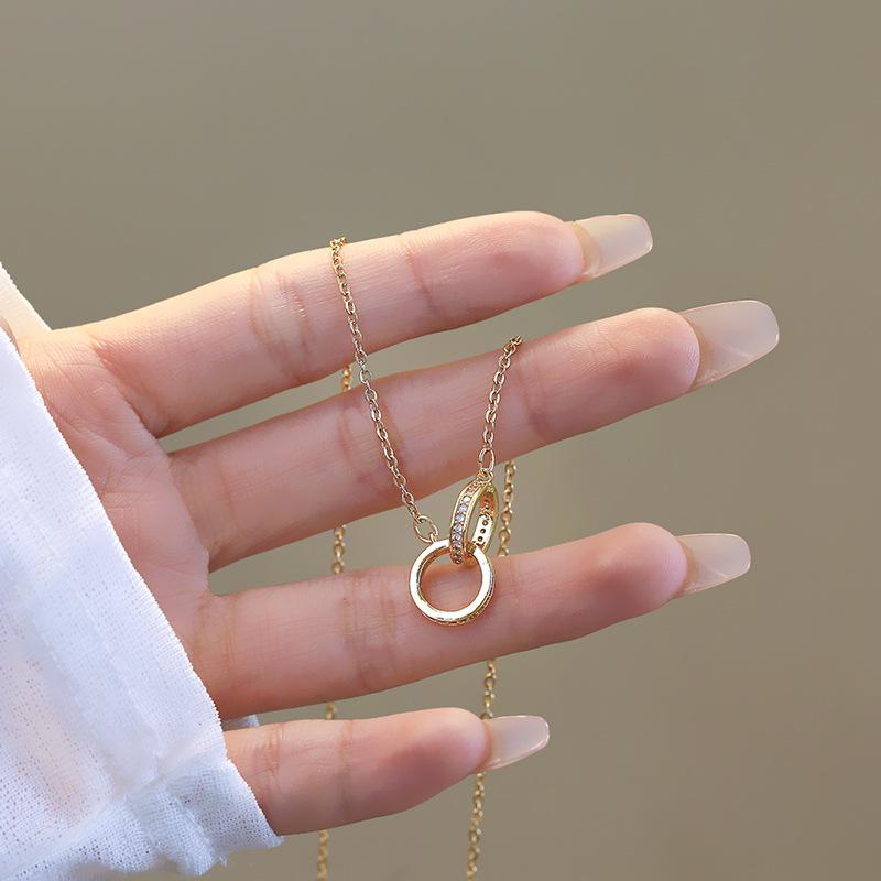 Korean Style Double Ring Full Diamond Titanium Steel Necklace Women Clavicle Chain